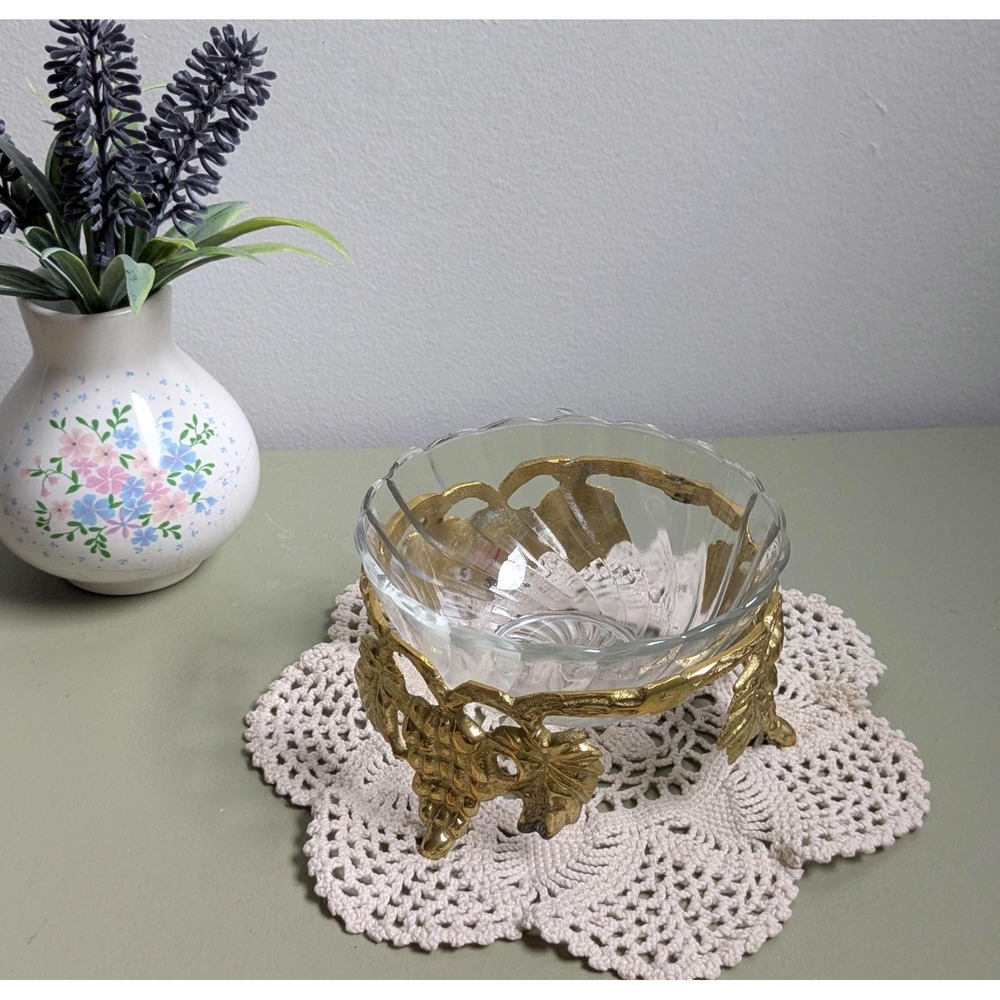 Vintage Crystal Bowl with‎ Brass Grape Stand, Made in India, Hollywood Regency - Picture 8 of 9
